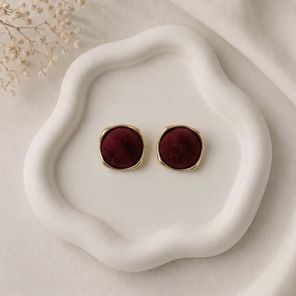 Burgundy Velvet Stud Earrings