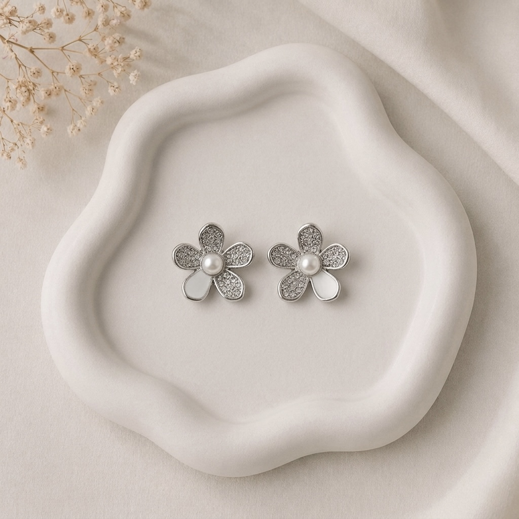 Silver Flower Pearl Earrings