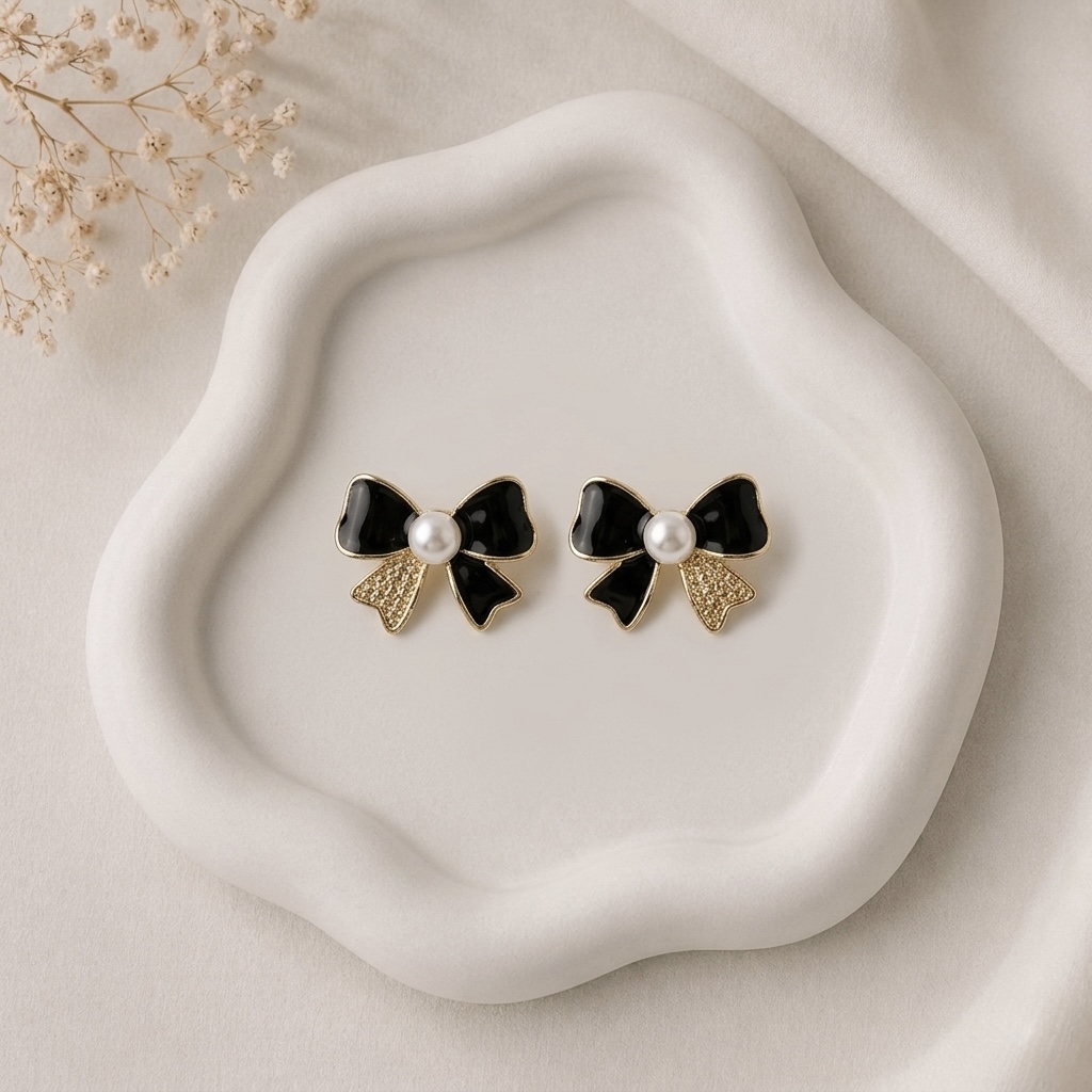 Black Bow Pearl Earrings