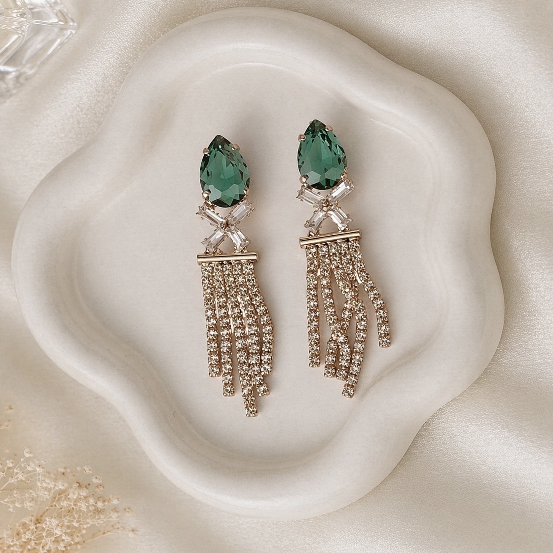 Green Teardrop Tassel Earrings