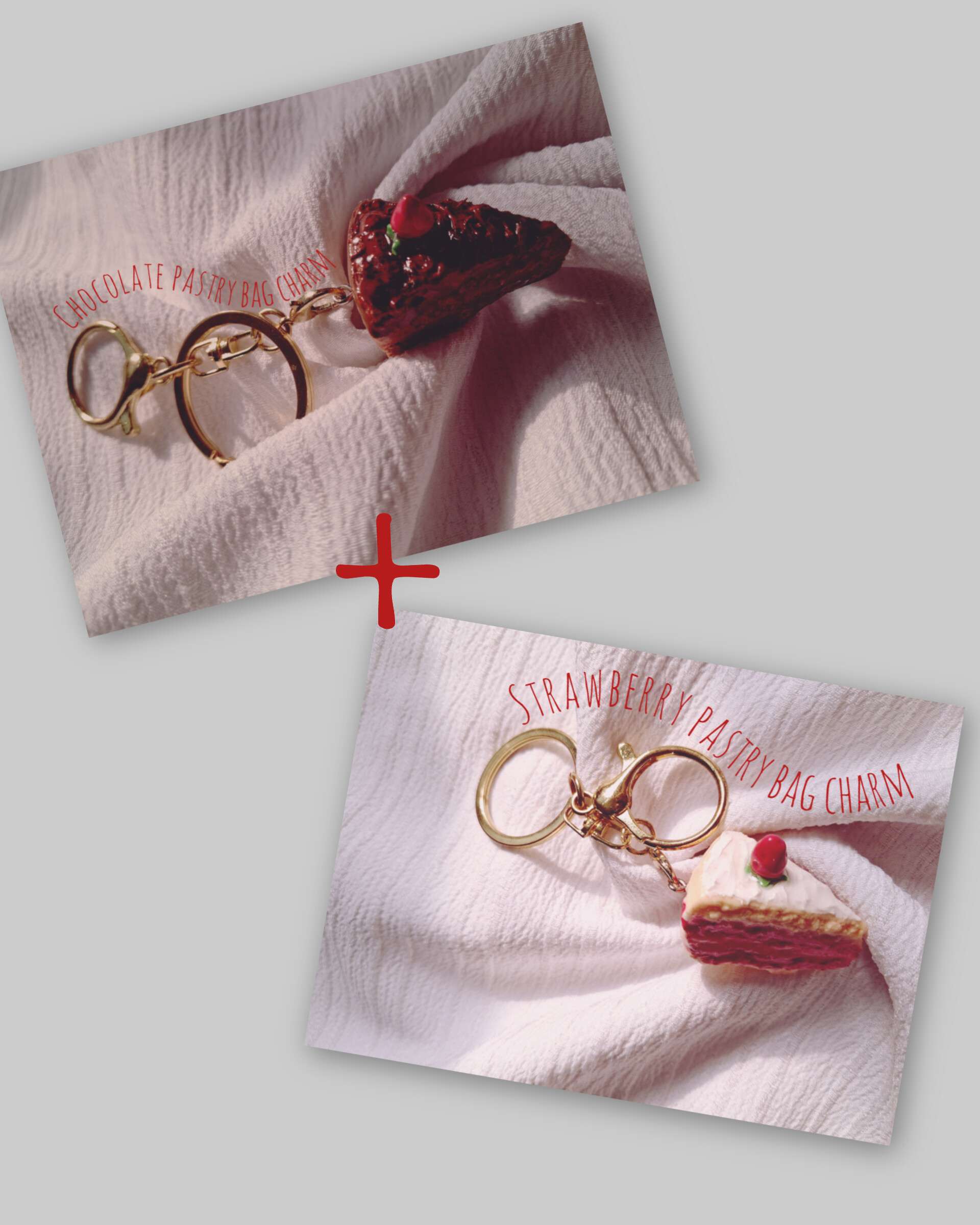 1 chocolate pastry bag charm +1 strawberry pastry bag charm