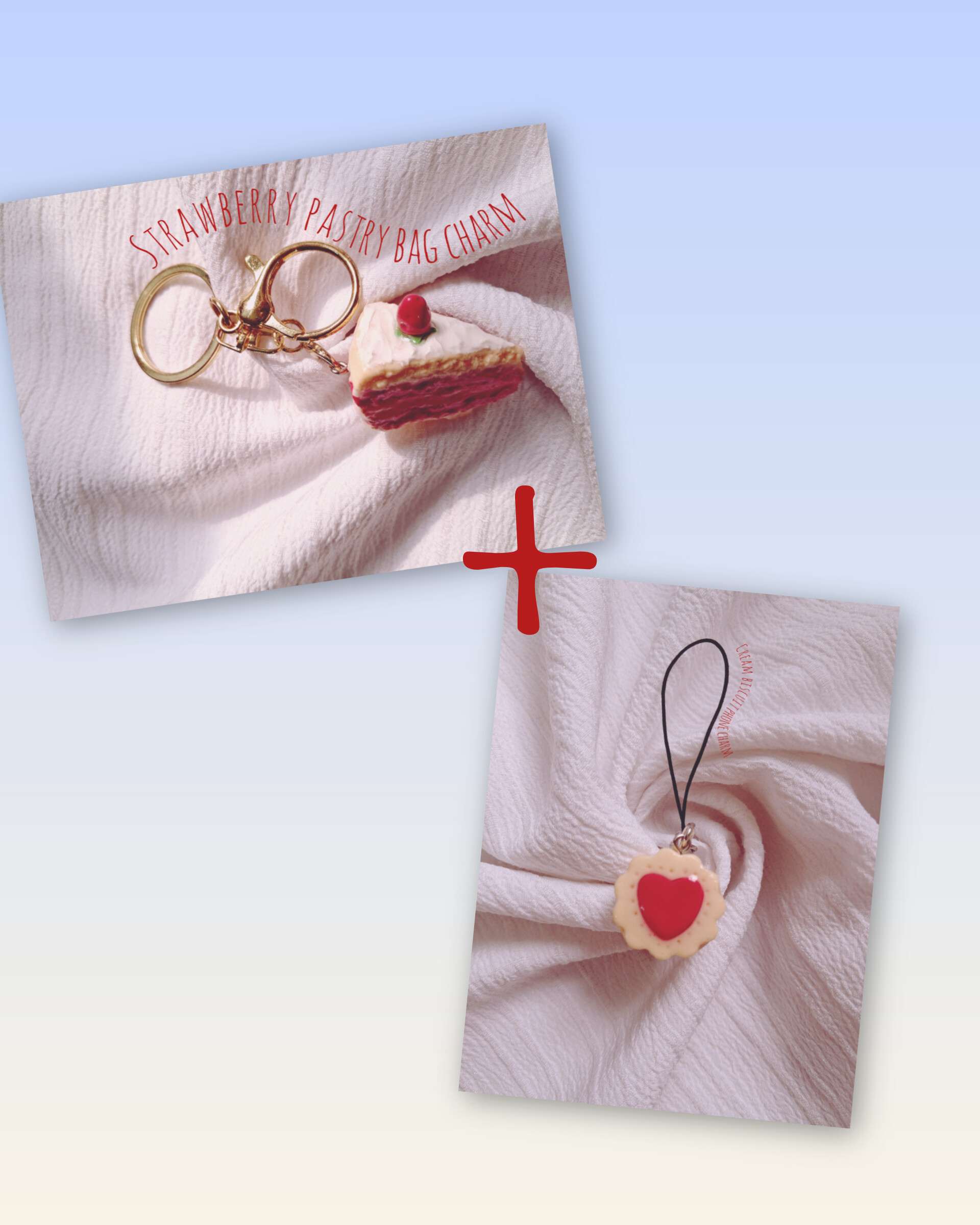 1 strawberry pastry bag charm+1 love-filled cream biscuit phone charm