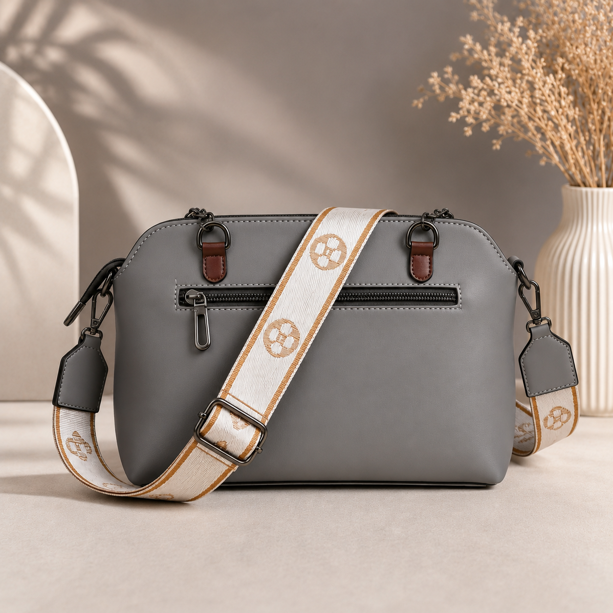 Fashion Rich Premium Grey Women's Handbag with solder strap