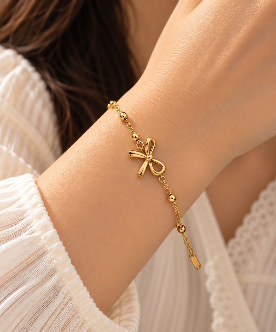 LAX_Bow Charm Beaded Chain Bracelet for Women